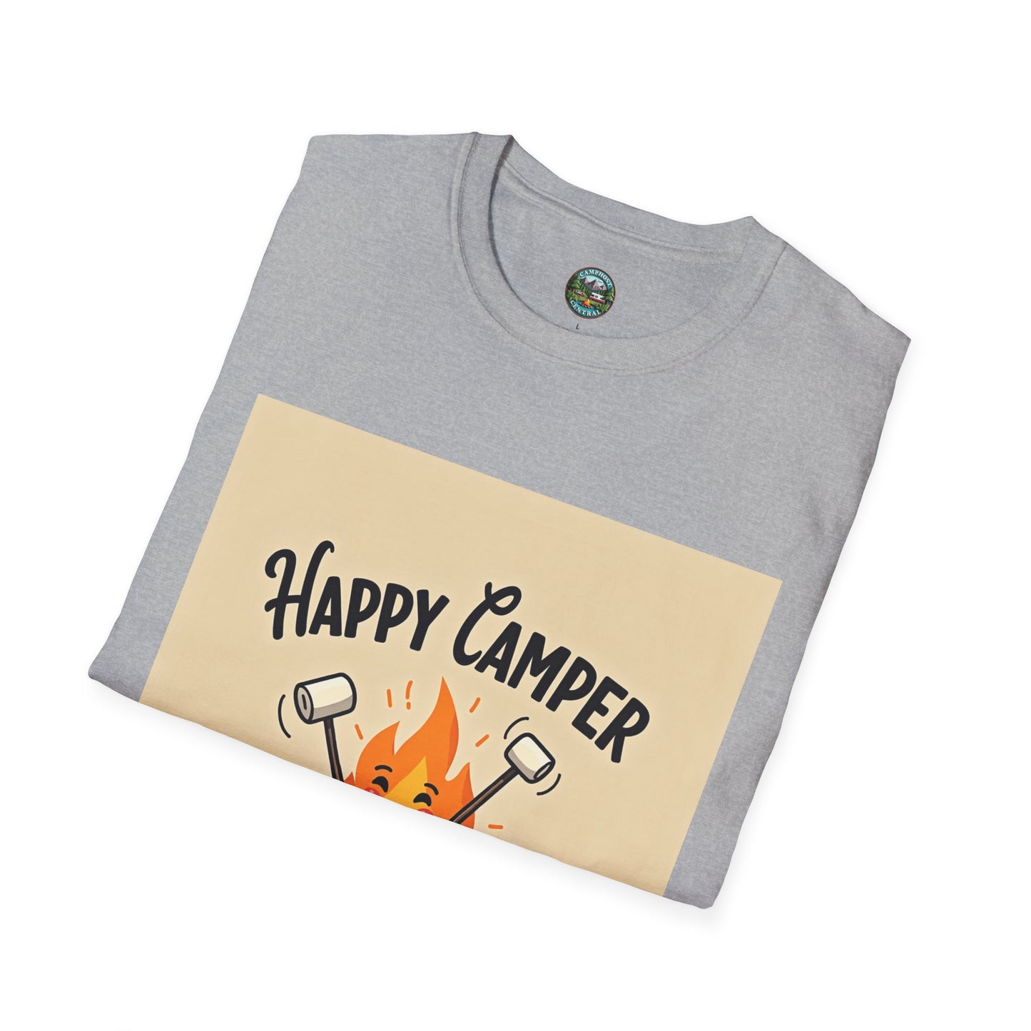 Happy Camper Unisex Softstyle T-Shirt, Camping Shirt, Outdoor Adventure Tee, Gift for Campers, Summer Apparel, Nature Lover Clothing