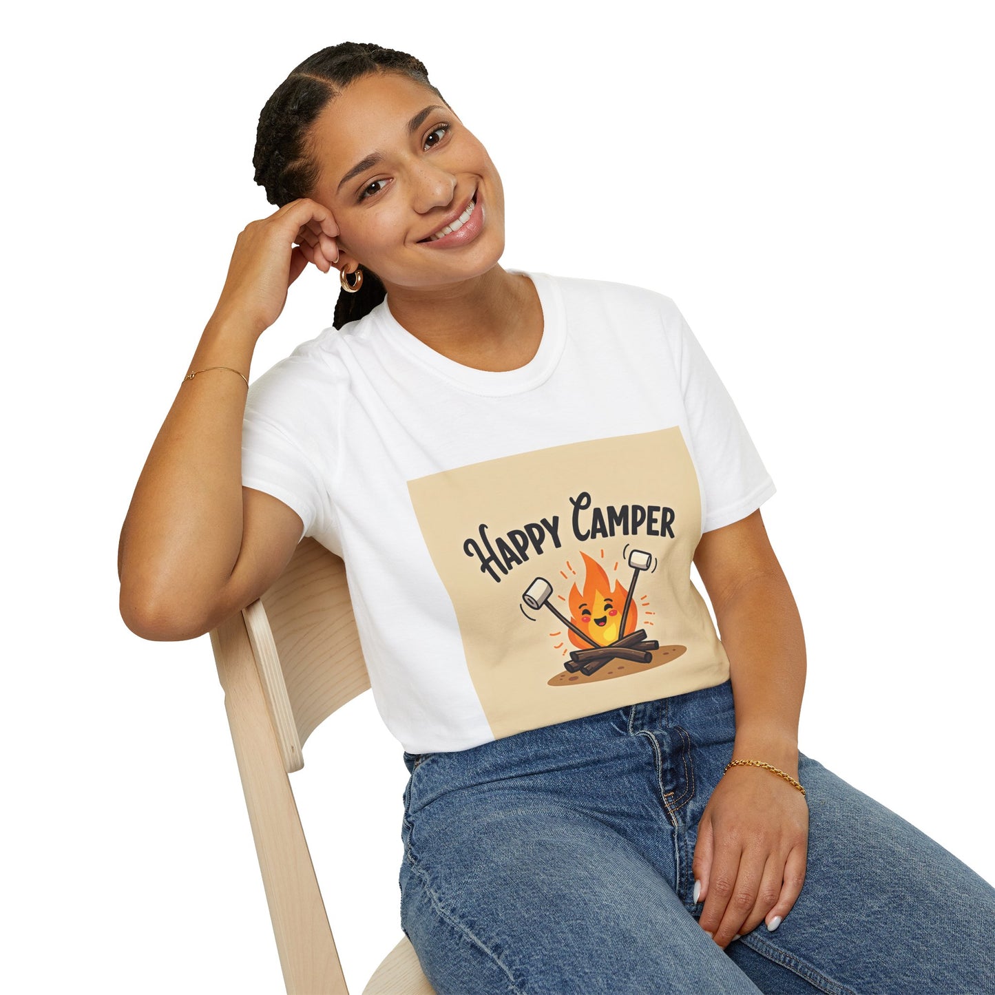 Happy Camper Unisex Softstyle T-Shirt, Camping Shirt, Outdoor Adventure Tee, Gift for Campers, Summer Apparel, Nature Lover Clothing
