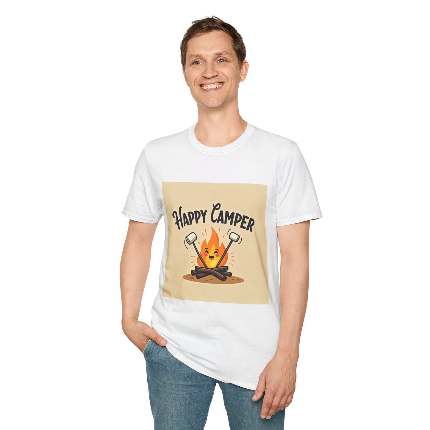 Happy Camper Unisex Softstyle T-Shirt, Camping Shirt, Outdoor Adventure Tee, Gift for Campers, Summer Apparel, Nature Lover Clothing