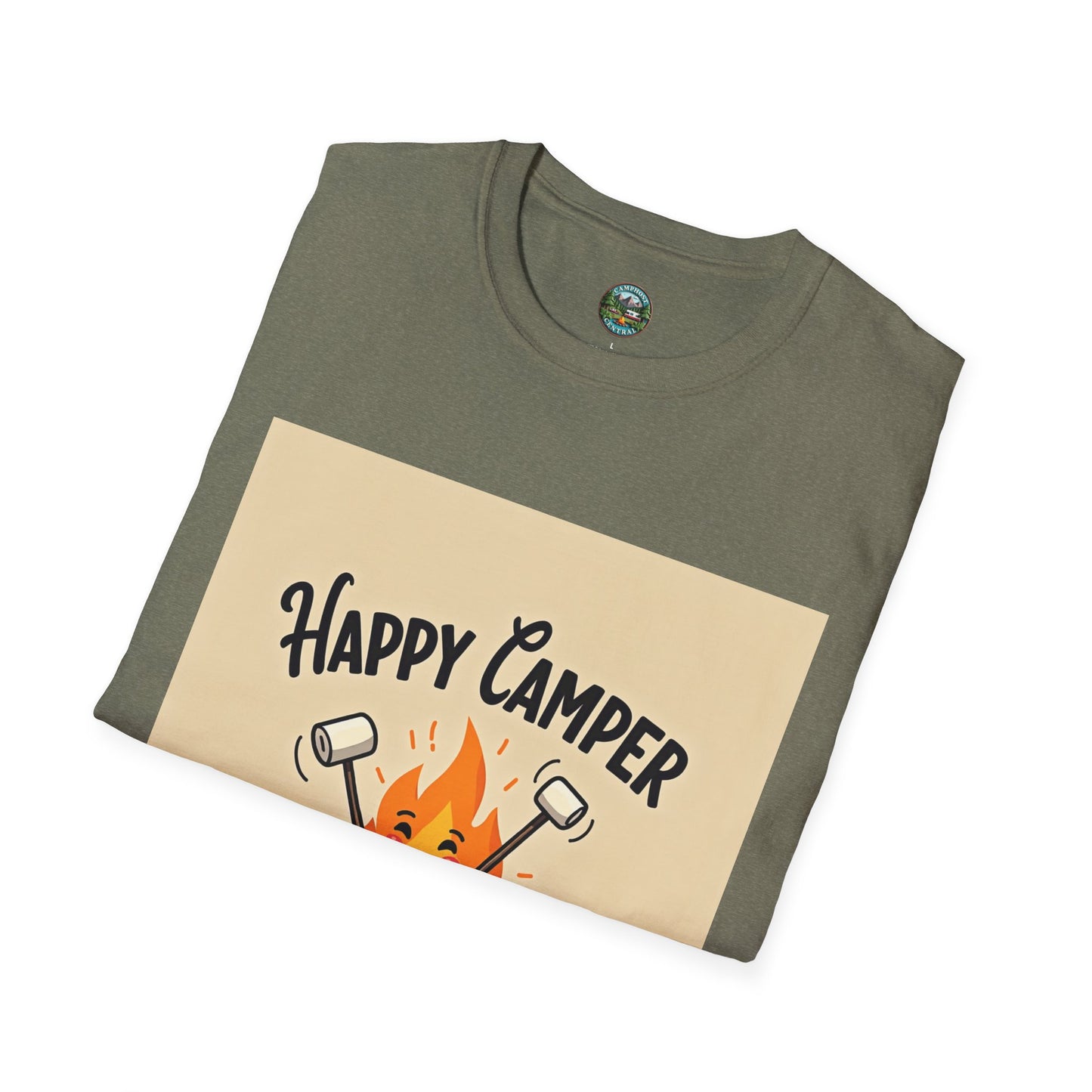 Happy Camper Unisex Softstyle T-Shirt, Camping Shirt, Outdoor Adventure Tee, Gift for Campers, Summer Apparel, Nature Lover Clothing
