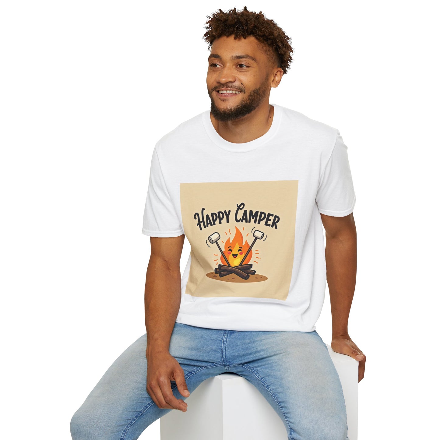 Happy Camper Unisex Softstyle T-Shirt, Camping Shirt, Outdoor Adventure Tee, Gift for Campers, Summer Apparel, Nature Lover Clothing