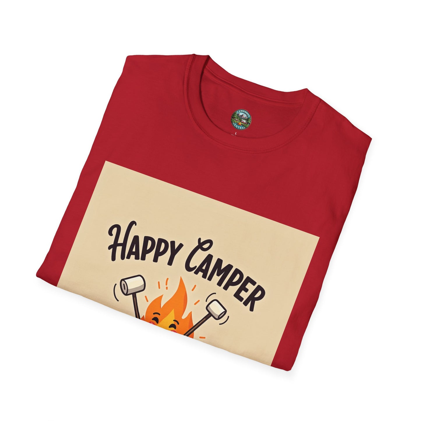 Happy Camper Unisex Softstyle T-Shirt, Camping Shirt, Outdoor Adventure Tee, Gift for Campers, Summer Apparel, Nature Lover Clothing