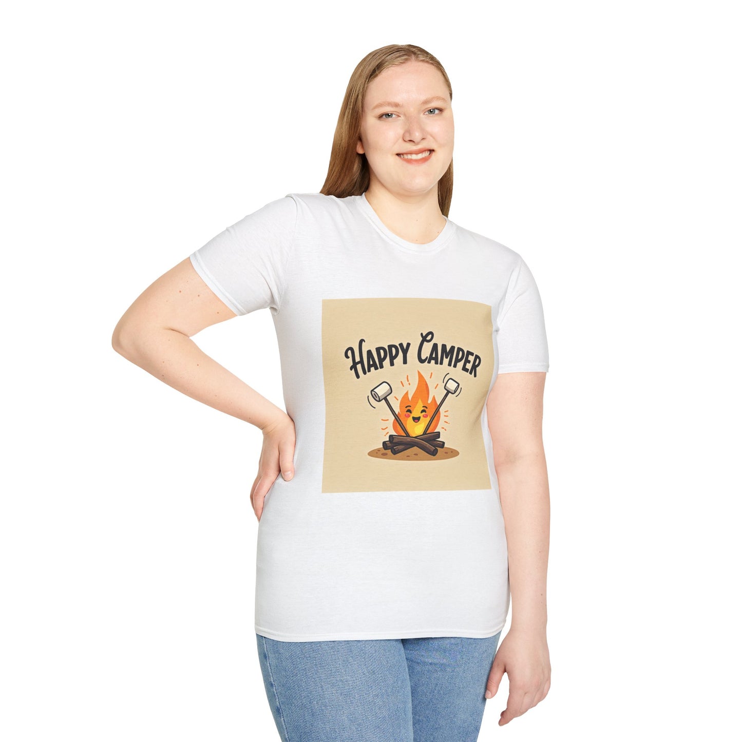Happy Camper Unisex Softstyle T-Shirt, Camping Shirt, Outdoor Adventure Tee, Gift for Campers, Summer Apparel, Nature Lover Clothing
