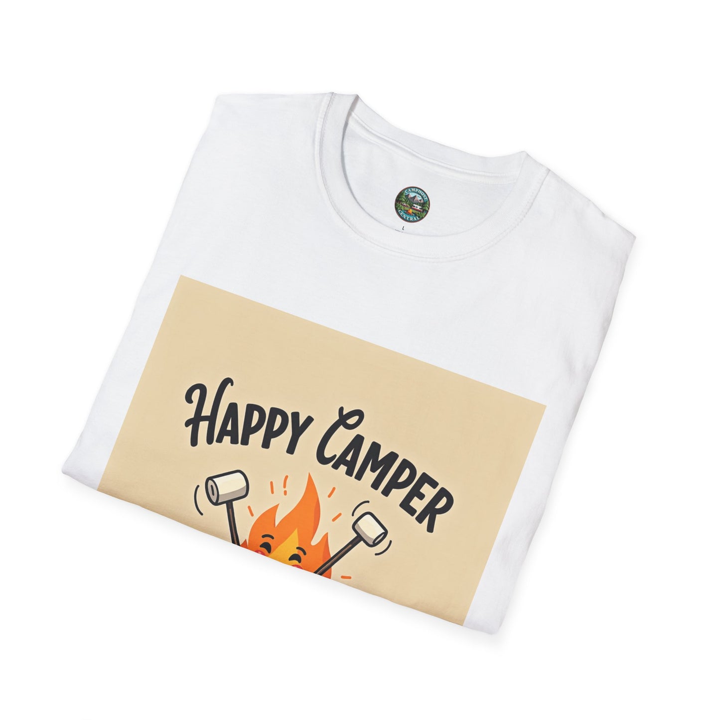 Happy Camper Unisex Softstyle T-Shirt, Camping Shirt, Outdoor Adventure Tee, Gift for Campers, Summer Apparel, Nature Lover Clothing