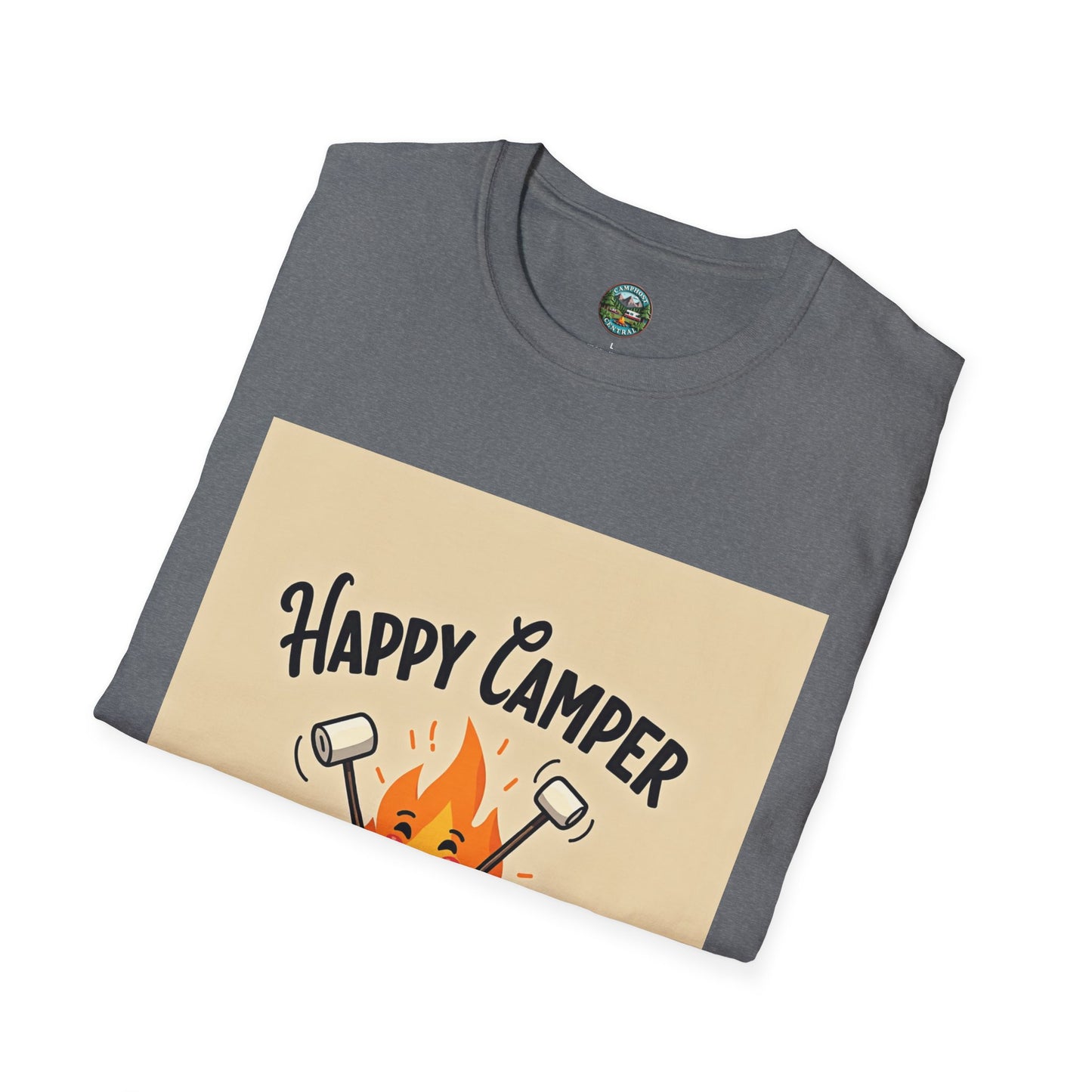Happy Camper Unisex Softstyle T-Shirt, Camping Shirt, Outdoor Adventure Tee, Gift for Campers, Summer Apparel, Nature Lover Clothing