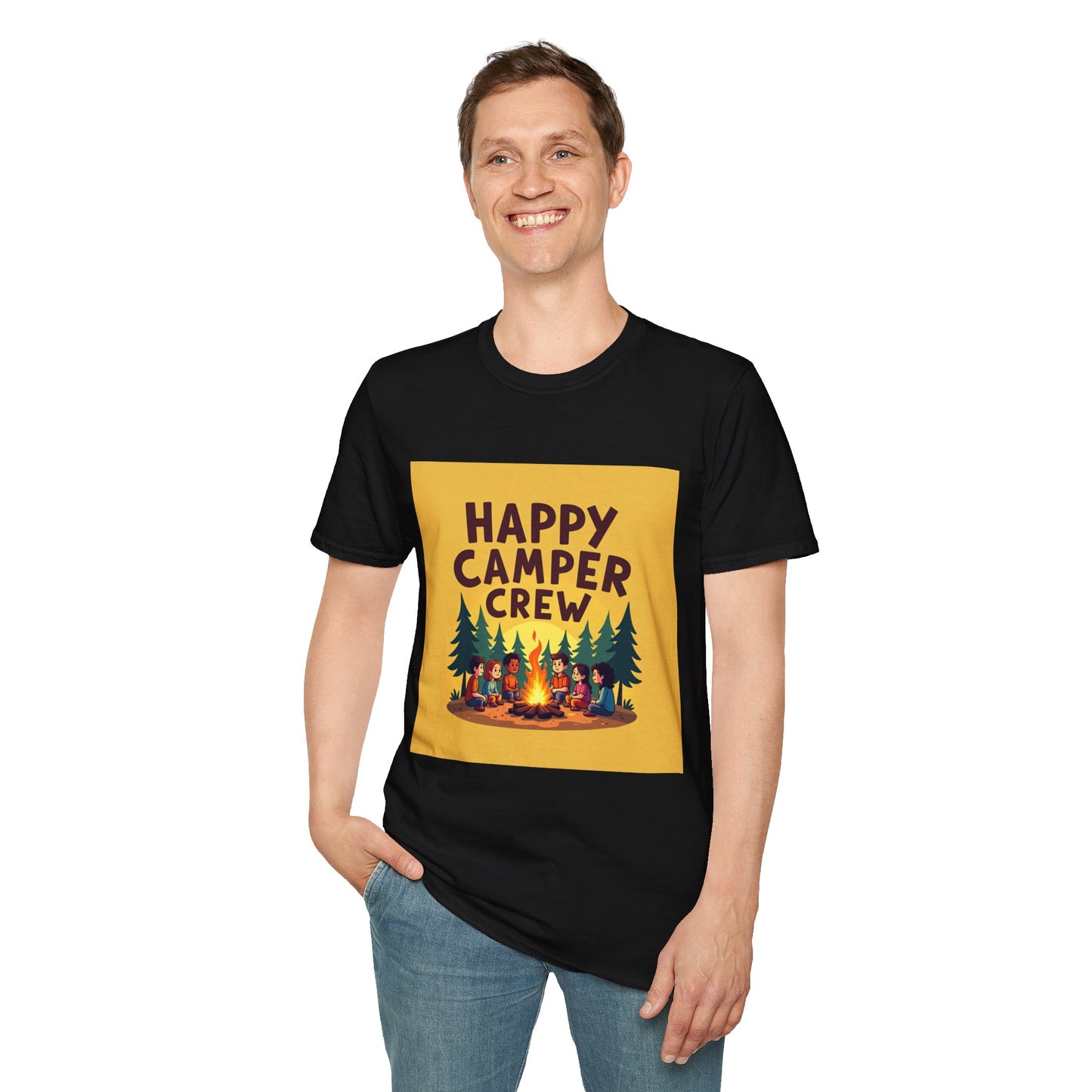 Happy Camper Crew Unisex T-Shirt | Camping Tee, Outdoor Adventure Shirt, Gift for Travelers, Summer Vibes Apparel, Nature Lover