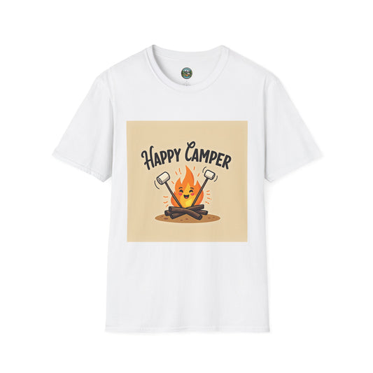 Happy Camper Unisex Softstyle T-Shirt, Camping Shirt, Outdoor Adventure Tee, Gift for Campers, Summer Apparel, Nature Lover Clothing