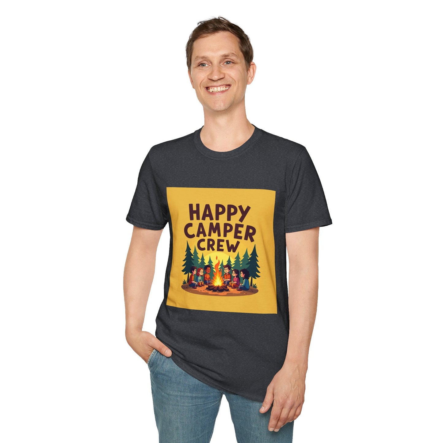 Happy Camper Crew Unisex T-Shirt | Camping Tee, Outdoor Adventure Shirt, Gift for Travelers, Summer Vibes Apparel, Nature Lover