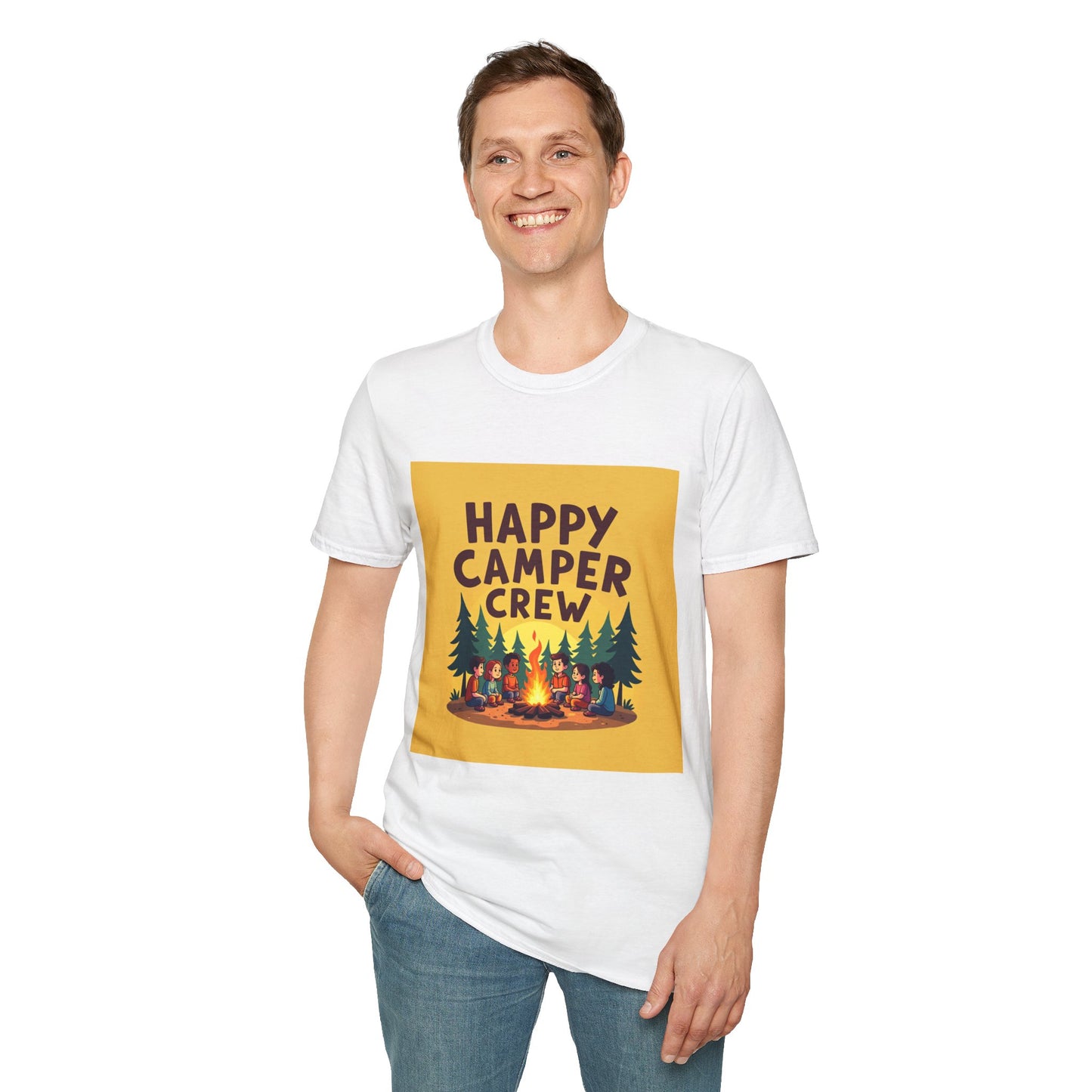 Happy Camper Crew Unisex T-Shirt | Camping Tee, Outdoor Adventure Shirt, Gift for Travelers, Summer Vibes Apparel, Nature Lover