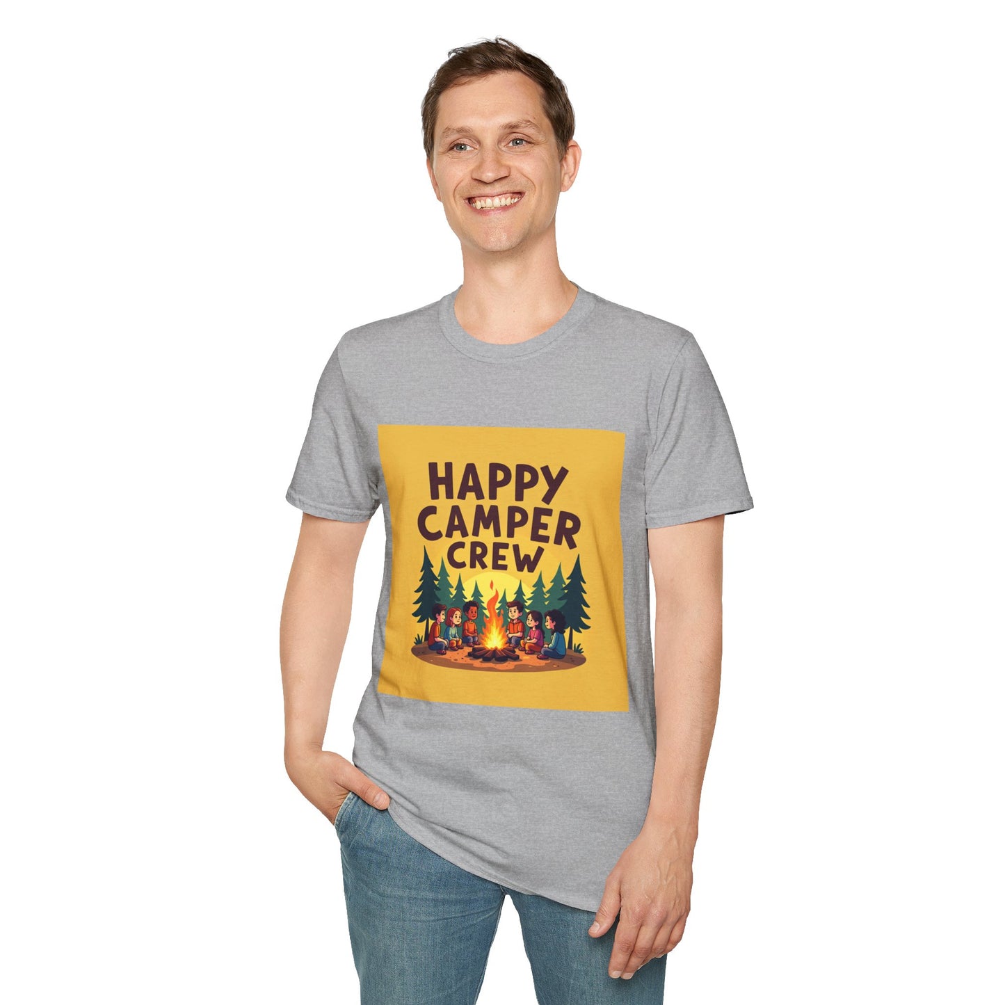 Happy Camper Crew Unisex T-Shirt | Camping Tee, Outdoor Adventure Shirt, Gift for Travelers, Summer Vibes Apparel, Nature Lover