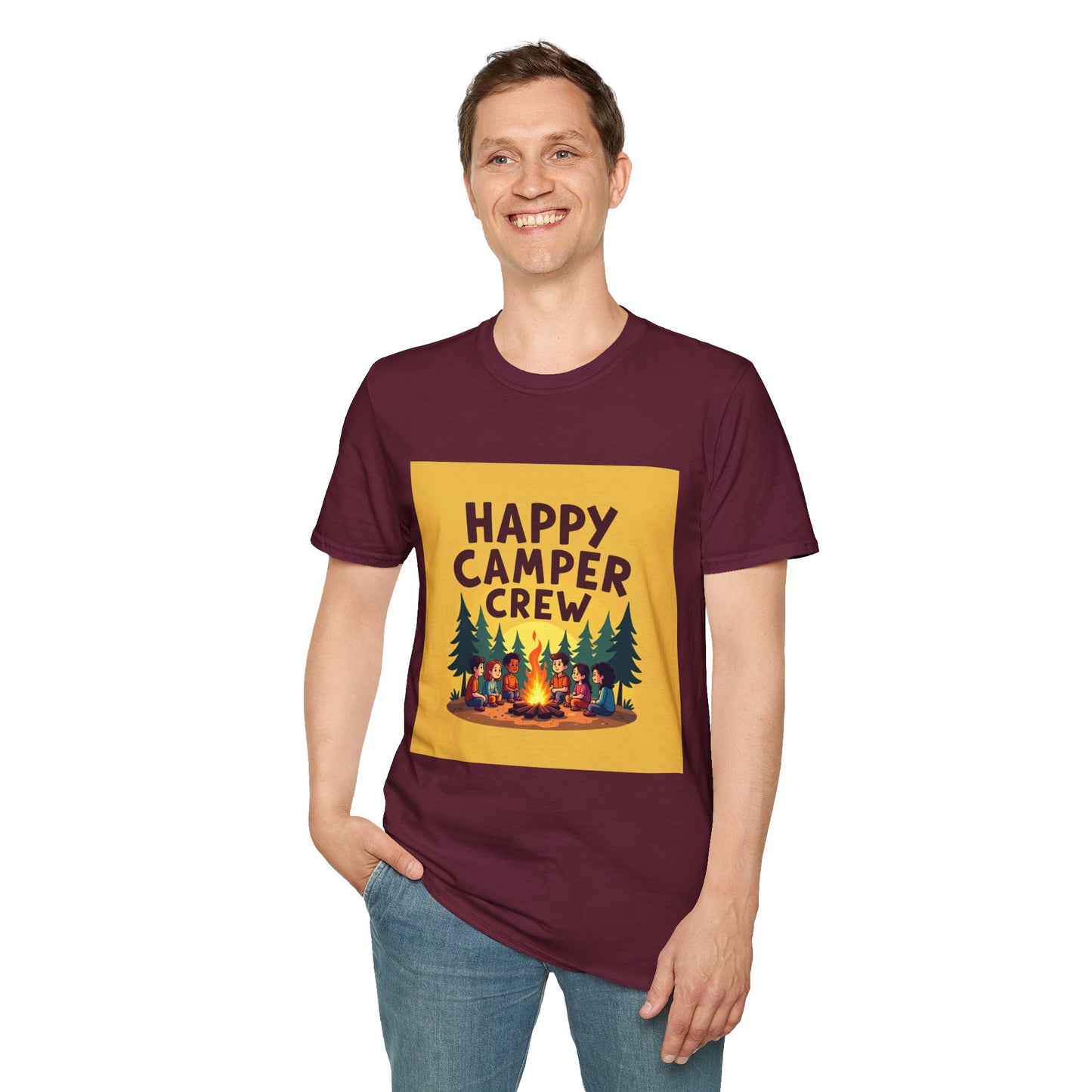 Happy Camper Crew Unisex T-Shirt | Camping Tee, Outdoor Adventure Shirt, Gift for Travelers, Summer Vibes Apparel, Nature Lover