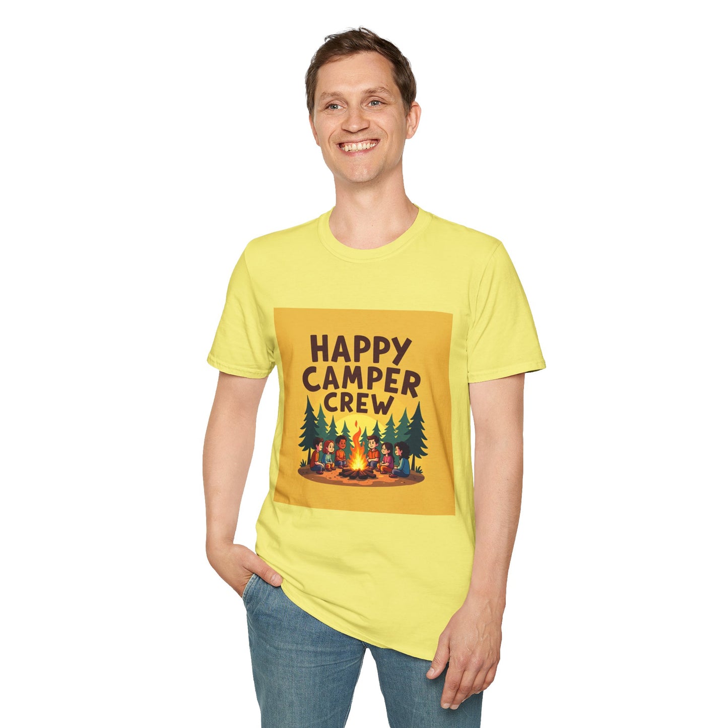 Happy Camper Crew Unisex T-Shirt | Camping Tee, Outdoor Adventure Shirt, Gift for Travelers, Summer Vibes Apparel, Nature Lover