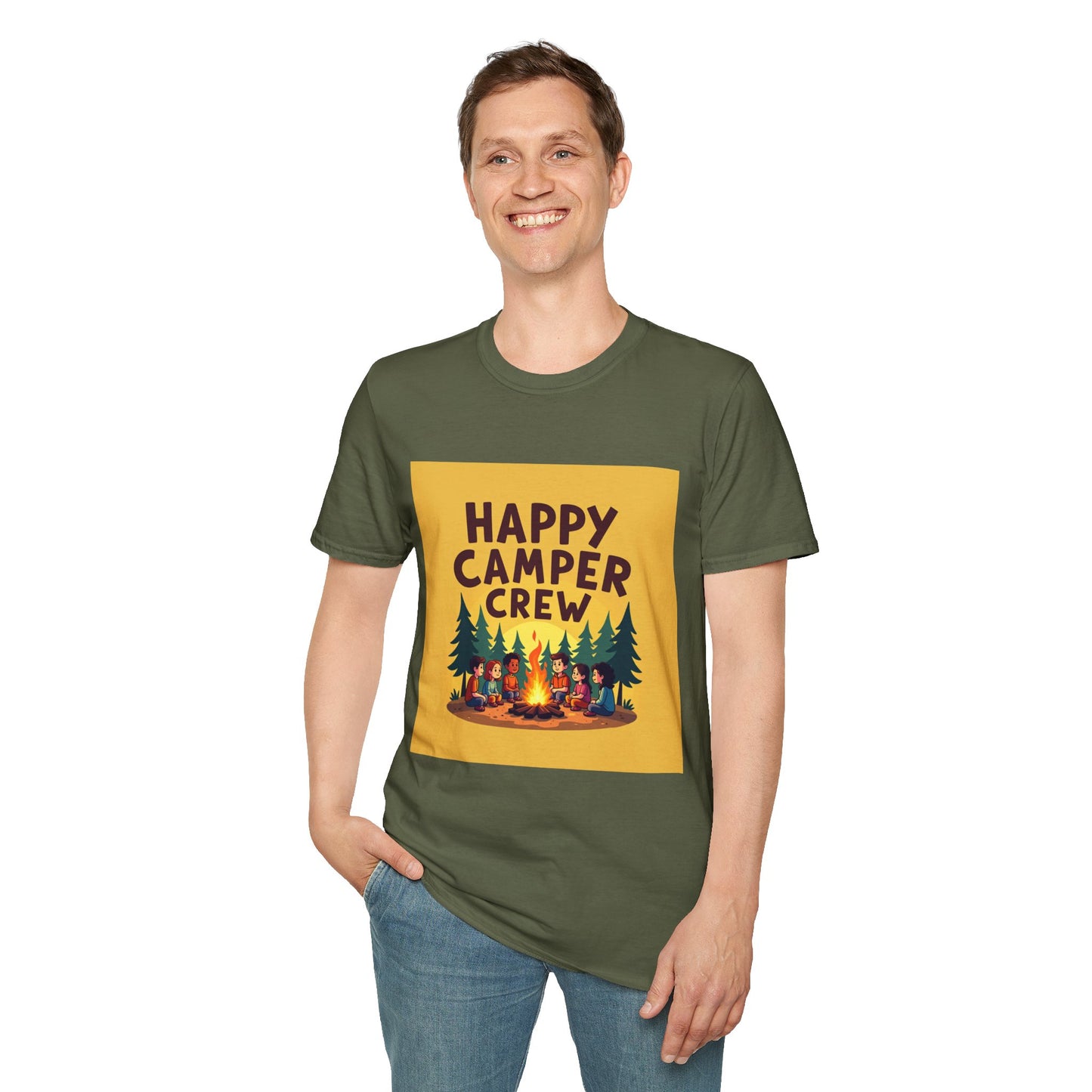 Happy Camper Crew Unisex T-Shirt | Camping Tee, Outdoor Adventure Shirt, Gift for Travelers, Summer Vibes Apparel, Nature Lover