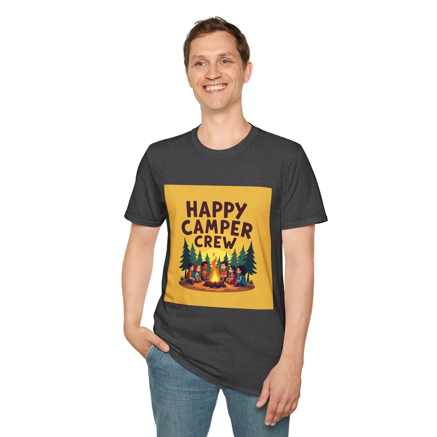 Happy Camper Crew Unisex T-Shirt | Camping Tee, Outdoor Adventure Shirt, Gift for Travelers, Summer Vibes Apparel, Nature Lover